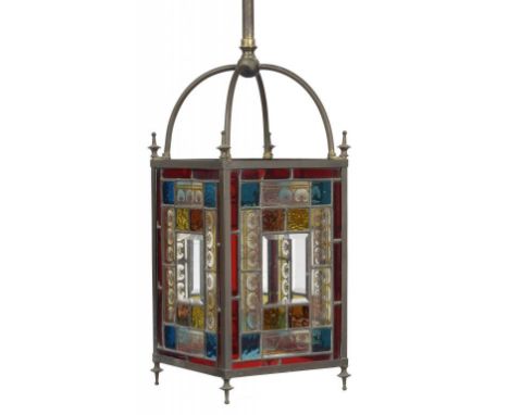 A VICTORIAN BRASS AND  LEADED CLEAR, COLOURED AND PAINTED GLASS HALL LANTERN, C1890  80cm h overall++Brass parts uniformly bl