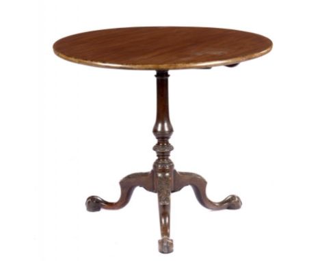 A MAHOGANY TRIPOD TABLE, THE TOP 18TH C on Victorian base with turned pillar and carved legs, 72cm h, 86cm diam,++Old spliced