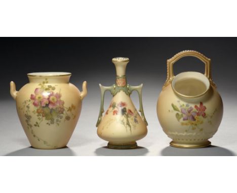 A ROYAL WORCESTER MINIATURE VASE AND TWO VIOLET VASES, 1899, 96 AND 1903 decorated with thistles or other flowers on a shaded