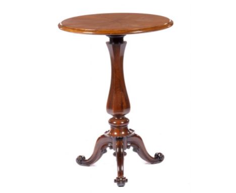 AN EARLY VICTORIAN ROSEWOOD TRIPOD TABLE, C1840  the radially veneered round top on octagonal pillar and scrolling legs, 71cm