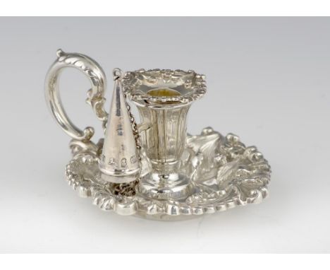 A WILLIAM IV SILVER TAPERSTICK  die stamped with flowers and foliage, nozzle and conical extinguisher, 6cm h, by Henry Wilkin