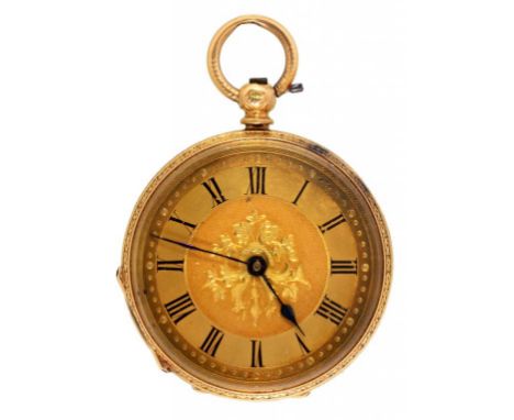 A SWISS GOLD CYLINDER LADY'S WATCH, LATE 19TH C engraved dial and case, 36mm, marked 18 CARAT FINE ++In apparently good worki