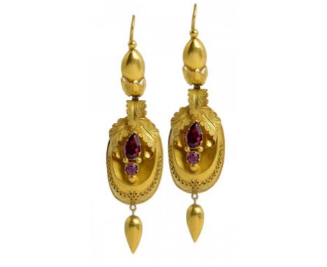 A PAIR OF VICTORIAN GOLD AND FOILED RUBY EARRINGS, C1850  of leafy oval pendant design, on wire loops, 60mm, 4.2g++In good co
