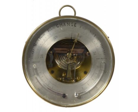A BRASS ANEROID BAROMETER, LATE 19TH C with alcohol and mercury thermometers for centigrade and fahrenheit respectively, susp
