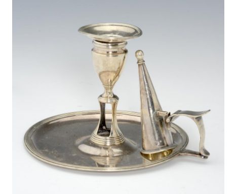 A GEORGE III SILVER CHAMBERSTICK with reeded rim, nozzle and extinguisher, 10cm h, maker's mark rubbed, -R, London 1795, 9ozs