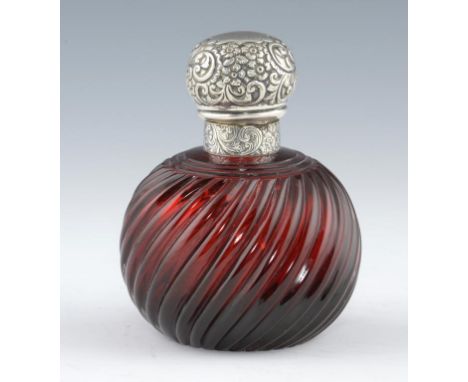 A VICTORIAN SILVER MOUNTED RUBY GLASS SCENT BOTTLE  spirally reeded, glass stopper, crested, 13.5cm h, by Brockwell & Co, Lon