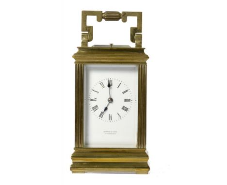 A FRENCH BRASS CARRIAGE CLOCK, LATE 19TH C  the enamel dial inscribed  ALDRED & SON GT YARMOUTH, the movement with the origin