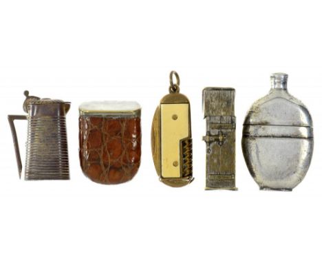 FIVE PLATED BRASS NOVELTY VESTA CASES, C1900  comprising a 'privy', a knife, jug, flask and crocodile hide covered pouch, 3.5
