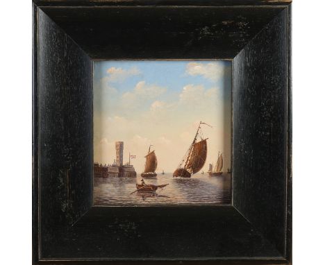 unsigned.&nbsp;Circa 1900. Sailing ships at harbor mouth.&nbsp;Oil paint on panel.&nbsp;Dimensions: H 20 x W 20 cm.&nbsp;In g