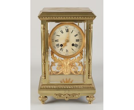 Antique French gilt bronze glass mantel clock with facet cut glass.&nbsp;Japy Freres.&nbsp;Eight-day movement, half-hourly st