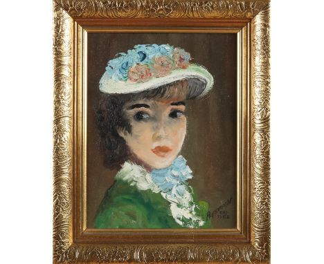 Rupprecht, 1958. German School.&nbsp;Girl with hat.&nbsp;Oil paint on panel.&nbsp;Dimensions: H 26 x W 21 cm.&nbsp;In good co