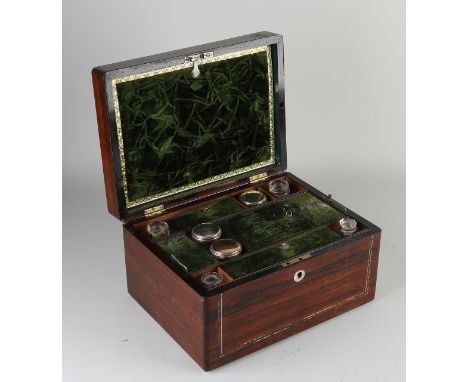 19th century rosewood chest with mother-of-pearl inlay and travel necessaire + mirror.&nbsp;Chassereau's Brighton.&nbsp;Two b