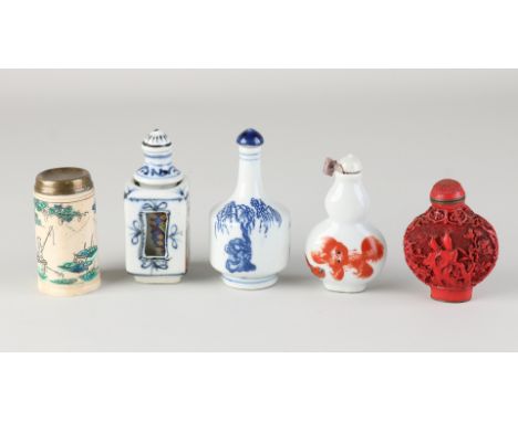 Five parts China.&nbsp;Various.&nbsp;Consisting of: (1) Rotatable porcelain snuff bottle with erotic depiction + bottom mark.