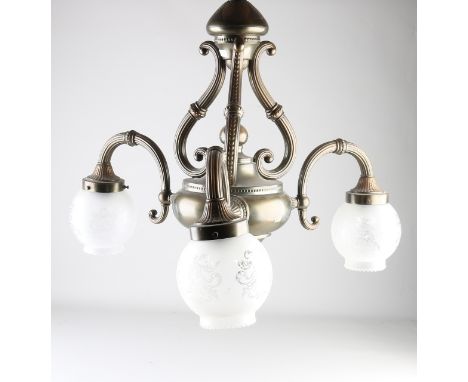 Antique bronze Art Deco hanging lamp.&nbsp;Three-light.&nbsp;Circa 1930. Dimensions: 57 x 63 x 60 cm.&nbsp;In good condition.