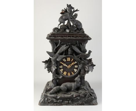 Large 19th century Black Forest cuckoo clock with double fusee movement.&nbsp;Deer, wolf, birds (antler fog).&nbsp;Eight-day 