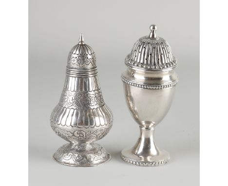 Two silver sprinkler cans, a spreader egg-shaped model decorated with pearl rims, ø6x14cm, and a spreader richly decorated wi
