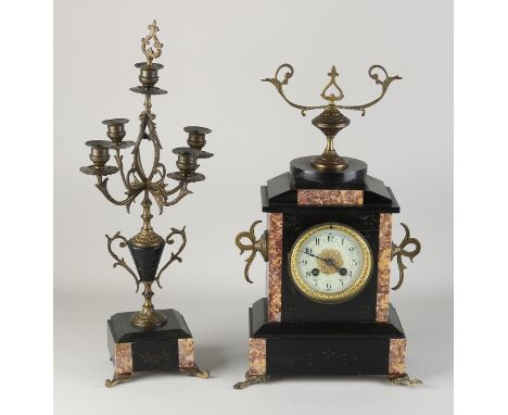 Antique French mantel clock + candlestick.&nbsp;Black marble.&nbsp;Circa 1900. Eight-day movement, half-hourly strike, spring