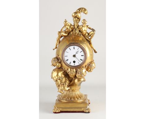 Old/antique gilt porcelain French mantel clock with figures.&nbsp;Signed Galle.&nbsp;Crown glued, one hand is missing, some c