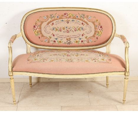 Antique Louis Seize style sofa with petit point upholstery.&nbsp;Circa 1900. Dimensions: 127 x 52 x 100 cm.&nbsp;In good cond