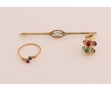 Yellow gold brooch, pendant and ring.&nbsp;Gold bar brooch with a light blue stone, 63mm, and a pendant rectangular lantern w