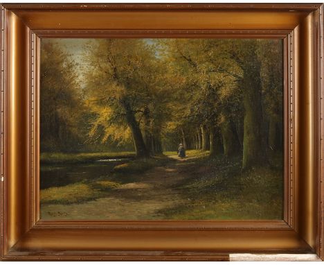 Unclearly signed.&nbsp;Circa 1900. Forest view with walker.&nbsp;Oil on painter's cardboard.&nbsp;Dimensions: H 32 x W 43 cm.