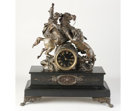 Antique French black marble mantel clock.&nbsp;Arab on horseback with lion.&nbsp;Circa 1880. Composition metal.&nbsp;Eight-da