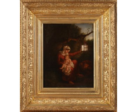 unsigned.&nbsp;Circa 1800. Woman with child by lantern in landscape.&nbsp;Oil paint on panel.&nbsp;Dimensions: H 27 x W 23 cm