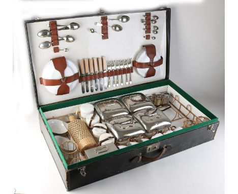 Large antique six-person picnic case with contents.&nbsp;Plated, ceramic and enamel.&nbsp;Circa 1930. Dimensions: 87 x 20 x 4