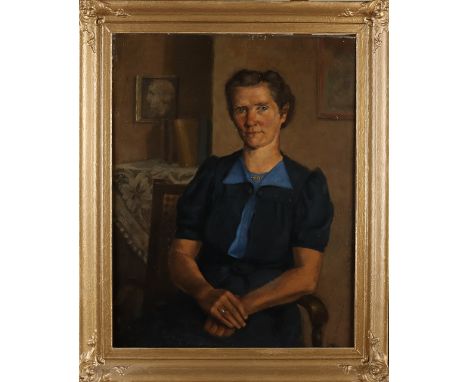 hub.&nbsp;brewer.&nbsp;'47.&nbsp;Woman portrait in interior.&nbsp;Oil on linen.&nbsp;Dimensions: H 68 x W 52 cm.&nbsp;In good