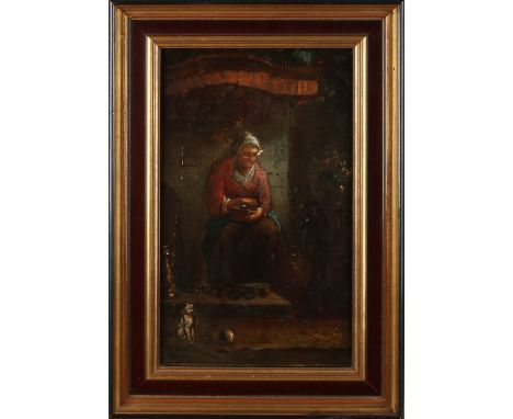 Unclear residual signature.&nbsp;Circa 1900. Woman with coffee grinder and cat in a farmhouse interior.&nbsp;Oil paint on pan