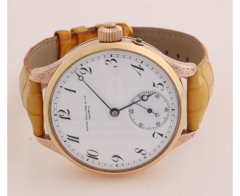 Special gold watch, 750/000, made from a pocket watch.&nbsp;Marked Patek Phillippe &amp; Co, Geneve.&nbsp;Fitted with a yello