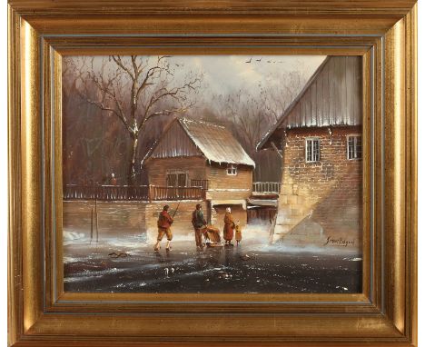 Simon Balion.&nbsp;Haarmühle (Twente).&nbsp;With figures on the ice.&nbsp;Oil paint on panel.&nbsp;Dimensions: H 24 x W 30 cm