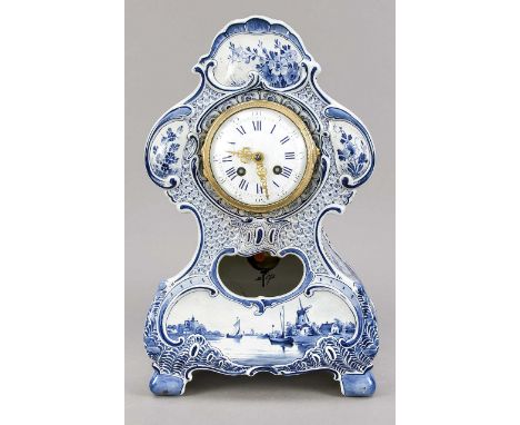 Large antique Delft Porceleyne Fles earthenware mantel clock with floral and harbor decor.&nbsp;Circa 1900. Eight-day movemen