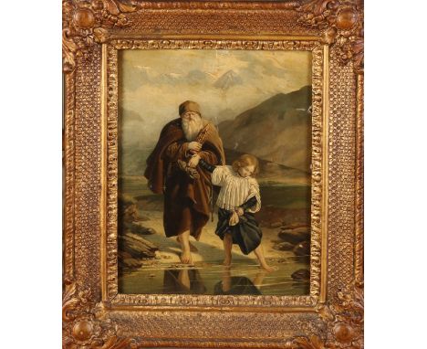unsigned.&nbsp;19th century.&nbsp;Mountain landscape with monk, reliquary and youth.&nbsp;Oil paint on panel.&nbsp;Dimensions