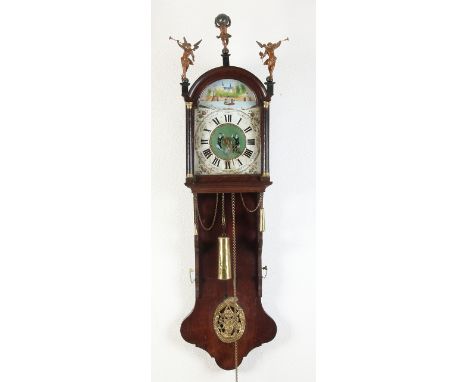 Large antique oak Frisian tail clock with alarm and original painting.&nbsp;Circa 1900. Size: 140 cm.&nbsp;In good condition.