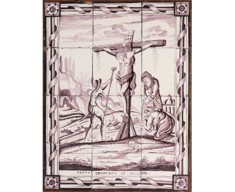 Early 19th century manganese 12 pass tile panel with biblical scene.&nbsp;Jesus crucified on Calvary.&nbsp;Circa 1800. Hairli