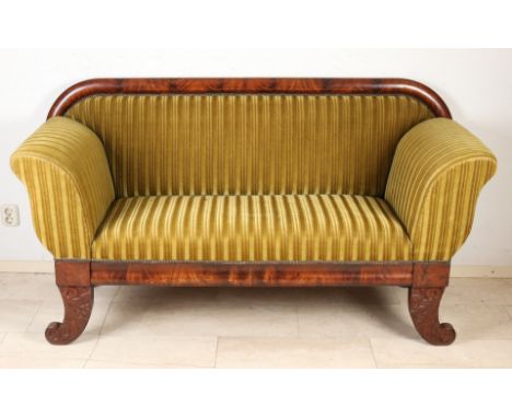 Mahogany empire sofa with velor upholstery.&nbsp;Circa 1820. Dimensions: 100 x 180 x 70 cm.&nbsp;In good condition.