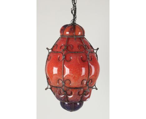 Large red Italian glass hanging lamp in an iron frame.&nbsp;20th century.&nbsp;Dimensions: 47 cm.&nbsp;In good condition.
