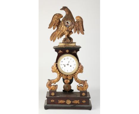 Large mahogany Viennese Empire mantel clock with gilding + officer's portrait.&nbsp;Movement with half-hourly strike + string