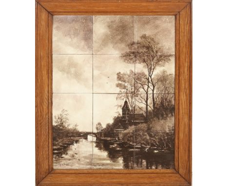Antique Dutch Rozenburg The Hague ceramic tile tableau.&nbsp;12-Pass.&nbsp;Circa 1900. After Frederick van Rossum Du Chattel.