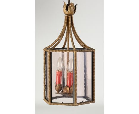 A Hollywood regency, hexagonal, three-light hall lantern with carved rope edges and acanthus leaves.&nbsp;Circa 1950. Size: 5