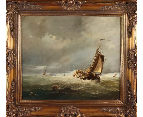 J. Merry.&nbsp;20th century.&nbsp;Urk flat-bottomed boat on the high seas.&nbsp;Oil paint on panel.&nbsp;Dimensions: H 50 x W