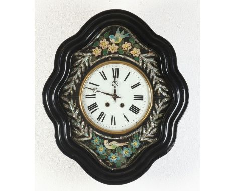 19th century French wall clock.&nbsp;Ox eye (oeil de boeuf).&nbsp;Circa 1860. Hand-painted, floral + mother-of-pearl inlay.&n