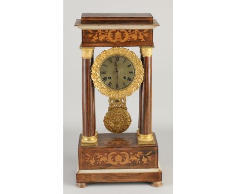 Beautiful large antique French rosewood mantel clock with floral intarsia.&nbsp;Circa 1860. With gilt brass capitelles, hand 