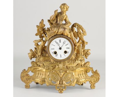 Antique French composition metal gilded Louis Philippe mantel clock.&nbsp;Circa 1860. Eight-day movement, half-hourly strike 