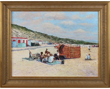 Monogram EH Second half 20th century.&nbsp;Beach scene with figures.&nbsp;Oil paint on panel.&nbsp;Dimensions: H 35 x W 45 cm