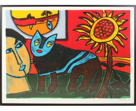 Guillaume Corneille.&nbsp;1922 - 2010. Large lithograph of woman with cat.&nbsp;No.&nbsp;37/250.&nbsp;1998. Lithograph on pap