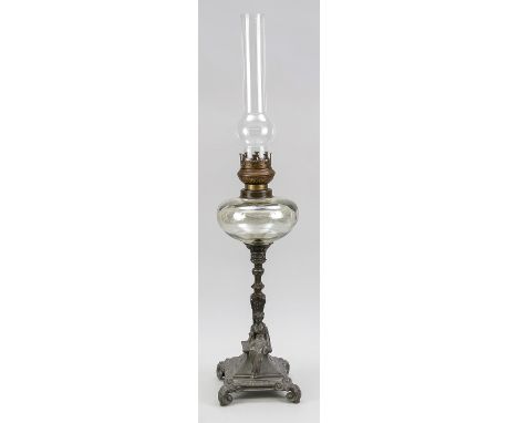 19th century composition metal neo renaissance historicism kerosene lamp with figure.&nbsp;Circa 1880. Dimensions: H 67 cm.&n