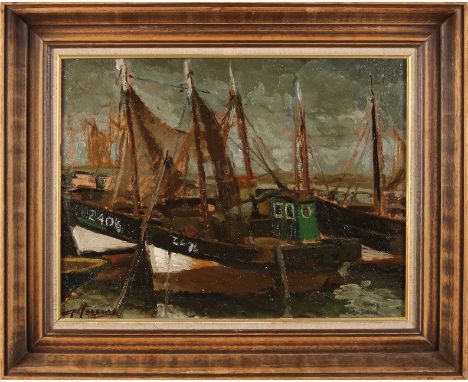 G. Hassens Circa 1930. Port of Zeebrugge with fishing boats.&nbsp;Oil paint on panel.&nbsp;Dimensions: H 40x&nbsp;W 50 cm.&nb