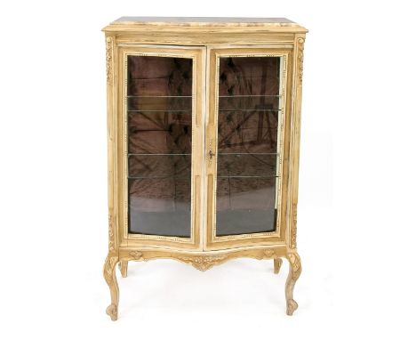 Antique two-door display cabinet with polychrome, curved doors and glass inlay.&nbsp;Louis Quinze style.&nbsp;First half 20th